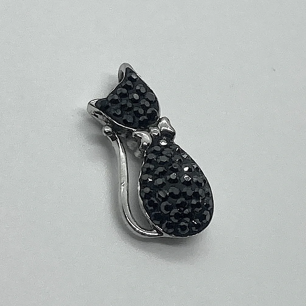 925 Sterling Silver & Black Crystal Kitty Cat Pendant | .9” L x .4” W - Picture 2 of 8